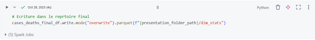 • Écriture des résultats en Delta Lake, assurant la gestion des transactions ACID et la traçabilité des modifications