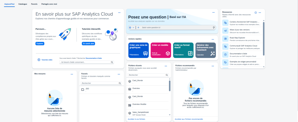Explorez la nouvelle page d'accueil de SAP Analytics Cloud. Gagnez du temps au quotidien grâce aux actions rapides personnalisables et aux nouvelles cartes.