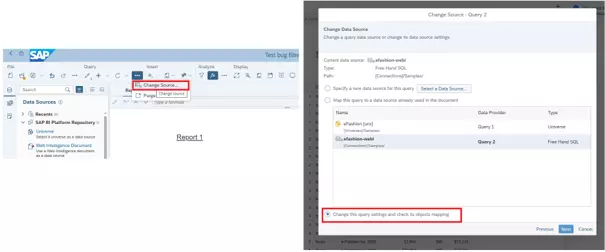 Menu Modifier la source dans SAP BO BI 2025, nouvel emplacement obligatoire pour accéder à l'édition du SQL à la carte