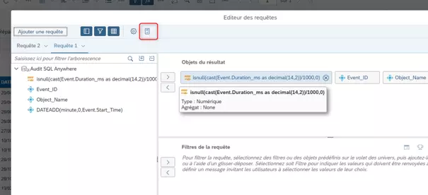Éditeur de requête Free Hand SQL dans SAP BO BI 4.3 SP4, champ de modification du script SQL directement accessible dans l'interface