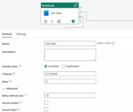 Panneau de configuration d'une activité Notebook dans un pipeline Microsoft Fabric : nom, état, Timeout et paramètres de retry
