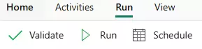 Menu Run d'un pipeline Microsoft Fabric avec les options Validate, Run et Schedule