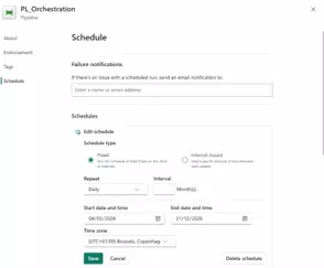 Interface de planification automatique d'un pipeline Microsoft Fabric : fréquence Daily, intervalles, plage de dates et notifications email en cas d'échec