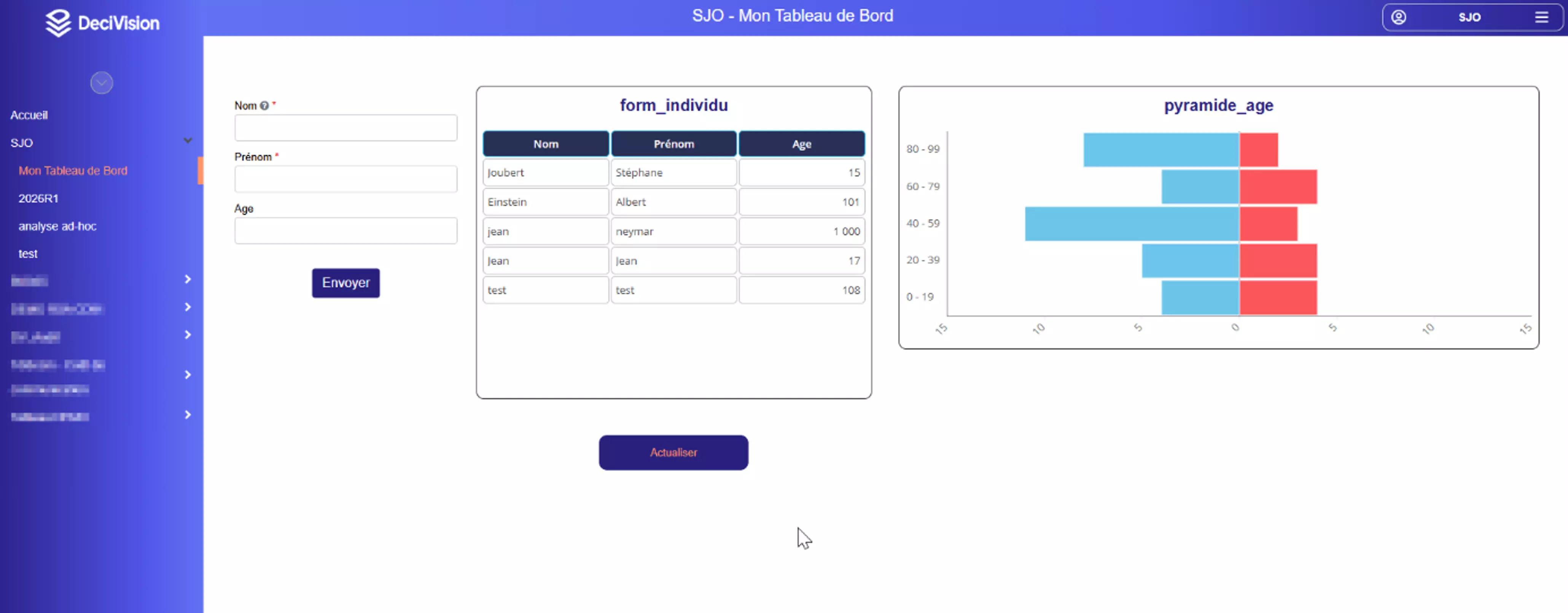 Tableau de bord DigDash avec la charte graphique DeciVision appliquée : bannière dégradé bleu, logo DeciVision, menu vertical bleu nuit et bouton orange