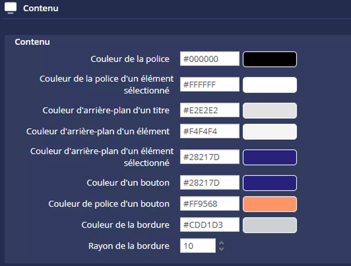 Section Contenu de l'éditeur de thèmes DigDash montrant les champs de couleur paramétrés : fond de bouton #28217D (bleu nuit) et police de bouton #FF9568 (orange)