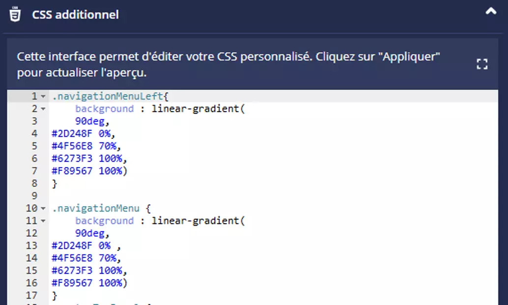 Panneau CSS additionnel de l'éditeur de thèmes DigDash avec le code de dégradé appliqué sur .navigationMenuLeft et .navigationMenu