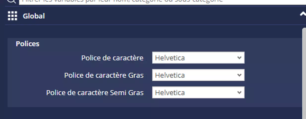 Section Global de l'éditeur de thèmes DigDash : sélection de la police Helvetica pour les champs Police de caractère, Police de caractère Gras et Police de caractère Semi Gras