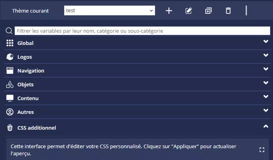 Vue d'ensemble de l'éditeur de thèmes DigDash avec les sections Global, Logos, Navigation, Objets, Contenu, Autres et CSS additionnel