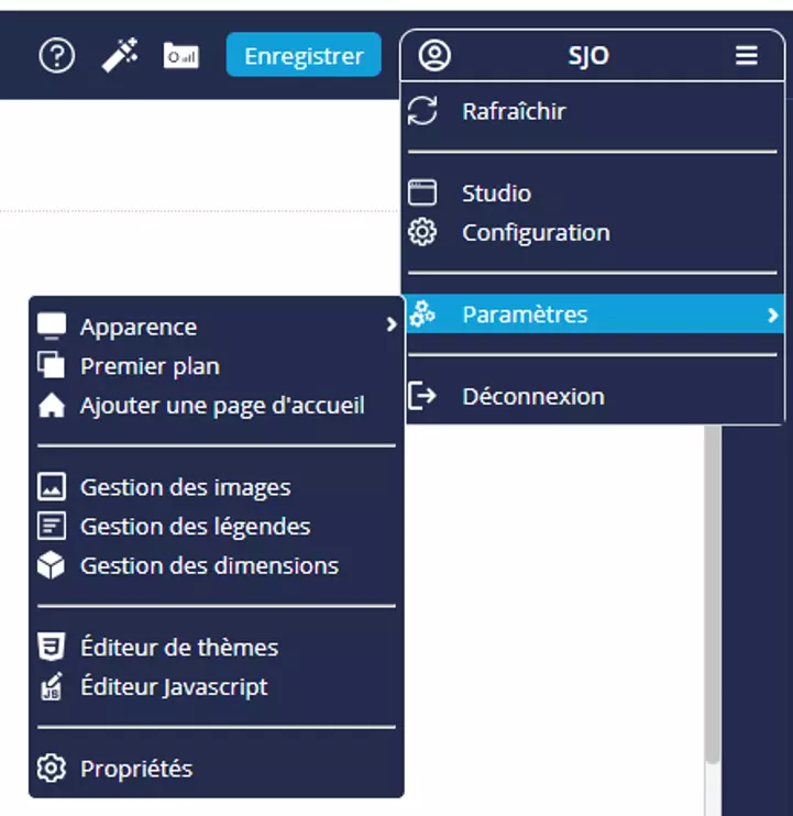Menu de l'éditeur DigDash : accès à Paramètres puis Éditeur de thèmes