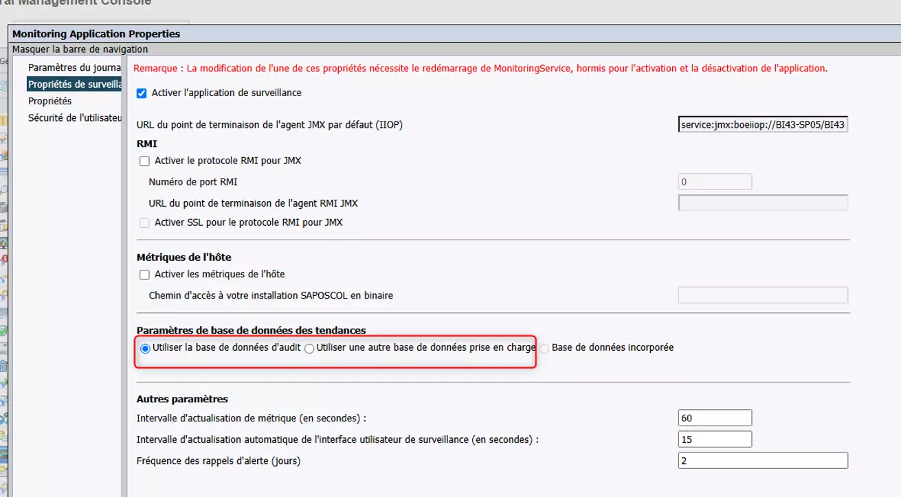 Paramètres de la base de données des tendances dans la CMC SAP BO : choix entre base d'audit et base incorporée Derby