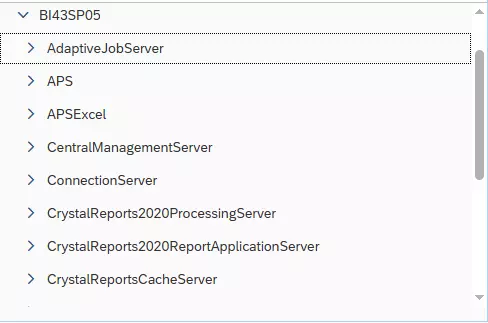 Liste des serveurs disponibles dans la configuration d'une veille SAP BO : exemple sur BI4.3 SP05