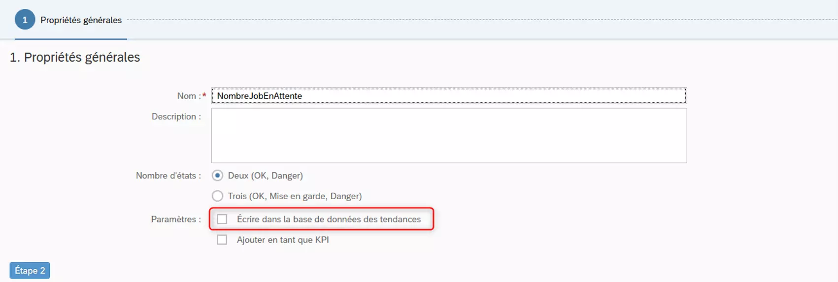 Propriétés générales d'une veille SAP BO — activation de l'option Écrire dans la base de données des tendances